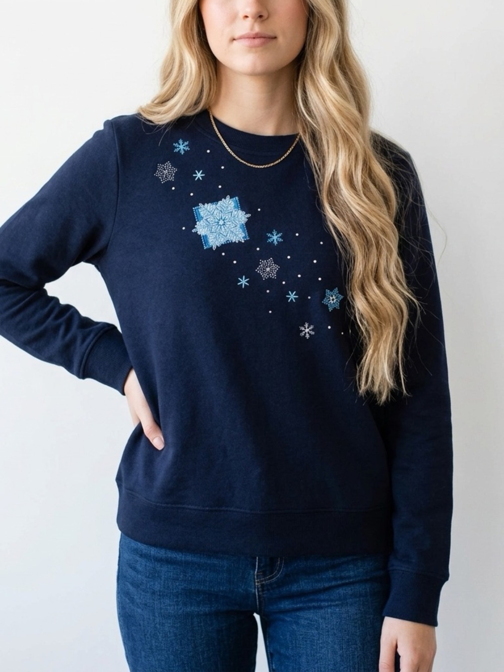 Vintage 90s cottagecore grandmacore Snowflake Embroidered Crewneck Sweatshirt